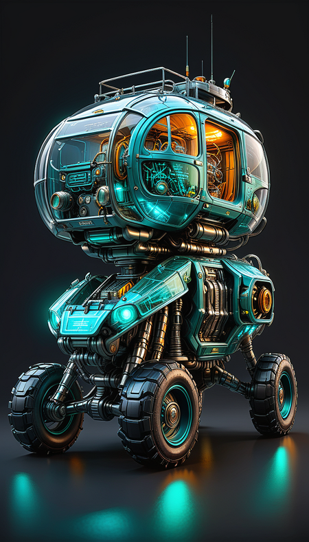 (in ARTIST style:1.4), (masterpiece:1.7), properly positioned, straight, glow teal neon,
View of buggy legged vehicle (science fiction texture, science fiction skin, someplastic, , dark background, dark background, english text, emblem, cable, retro, old style, device, wearable item (transparent:2), transparent skin, transparent texture, mecha, multi legged vehicle,transparent glass paint, mecha),
(masterpiece:1.8), (highest detailed:1.8), perfectly lighted, (contrast), (saturated), (((sharp focus))),
(hyperdetailed:1.3), (intricate details:1.2), (Refined details:1.3), (best quality:1.5), highly detailed textures, vibrant colors,
(ultra sharp focus:1.8), (detailed skin:1.8), (detailed edges:1.8), (thin lines:1.8), (best quality:1.8),
<lora:Apparatus_-_Traction_City_Walkers_Vehicles:0.7>,