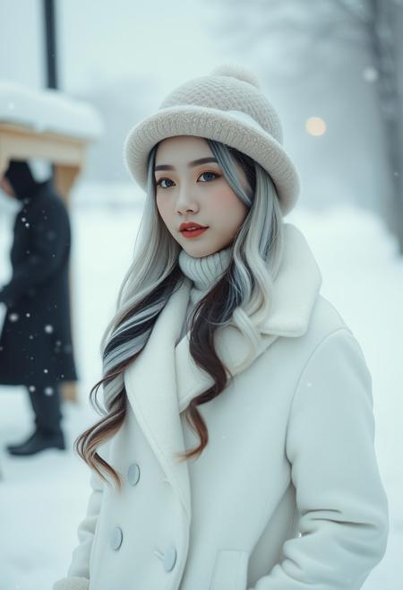 araffe woman in white coat and hat standing in snow, pale snow white skin, whitebangsblackhair, 4k hd. snow white hair, ulzzang, jiyun chae, very long snow colored hair, black wavy hair, korean women's fashion model, black silky hair, shoulder length black hair, korean audrey hepburn, geisha hairstyle