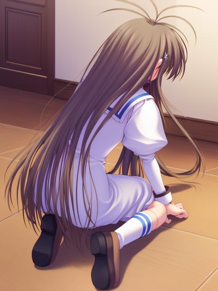 <lora:MiyanokoujiMizuho:1>, MiyanokoujiMizuho, 1girl, solo, long hair, sweatdrop, socks, long sleeves, sitting, antenna hair, brown hair, black socks, from behind, kneehighs, very long hair, school uniform, dress, puffy sleeves, wariza, shoes, juliet sleeves, full body, brown footwear, black dressves, bow, dress, juliet sleeves, blue bow, puffy sleeves, very long hair, crossdressing, blue bowtie, brooch, bowtie, indoors, school uniform, blush, antenna hair, red eyes, standing, white dress, jewelry, clenched hand, bangs, cowboy shot
masterpiece, high quality, very_high_resolution, large_filesize, full color,