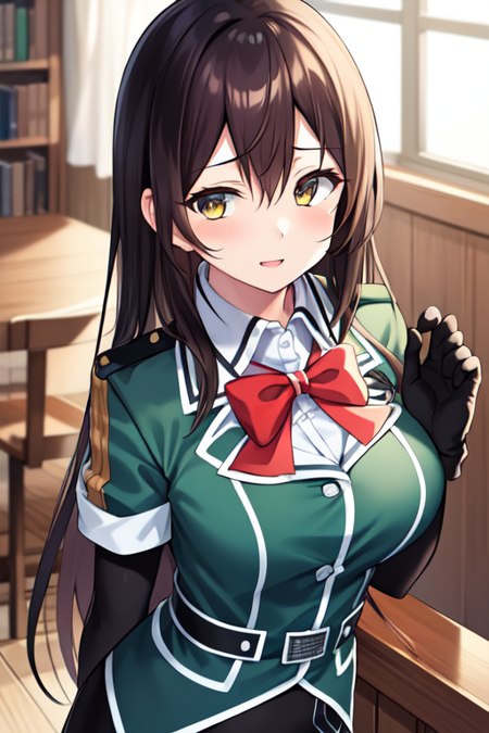 chikumaKC, 1girl, solo, long hair, shirt, gloves,  bow, jacket, short sleeves, puffy sleeves, bowtie,uniform,  red bow, puffy short sleeves, military, military uniform, pelvic curtain, single glove, single elbow glove