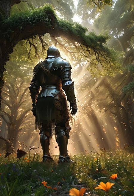 Epic landscape, dark forest, fantasy, large trees with giant trunck, wind, leafs and petals in the air, sunset, light through branches, rays of light, volumetric light,  fallen knight in the floor, very old armor, intricate details, rusty armor, tree growing in armor, old armor, grass and flowers around knight, ray of light on knight