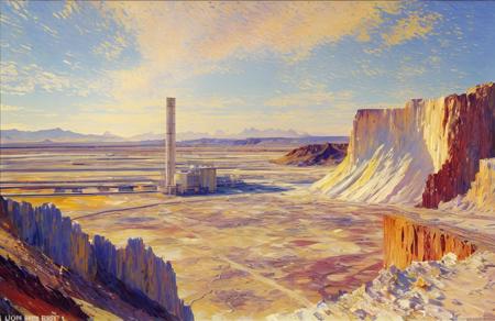 (impressionism:1.1), salt flat, Cliff/Bluff, (john berkey:1), rural, nuclear_reactor, scenery,scene painting,a painting,