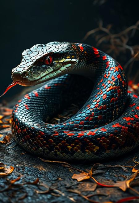 apture a photo-realistic image of a snake with dragon horns, no legs, adorned with black scales featuring intricate red and gold patterning. The snake should have colorful, beautiful eyes and be depicted in a dynamic full-body pose. Utilize cinematic lighting with Rembrandt lighting techniques to create depth and drama in the image. Incorporate volumetric lighting to enhance the atmosphere around the snake. The photograph should be taken with an aperture of F/2.8 to create a shallow depth of field and focus attention on the subject. Ensure maximum detail and ultra-realism in the rendering. The snake should be centered in the frame, commanding attention and exuding beauty and majesty. The overall composition should be visually captivating and showcase the intricate details of the snake's scales and horns.
(Dramatic Lighting, Photography, 3D Illustration, Vibrant Colors, Exquisite Detail, Award Winning, Stunning)  <lora:MJ52:0.5> epiCPhoto
