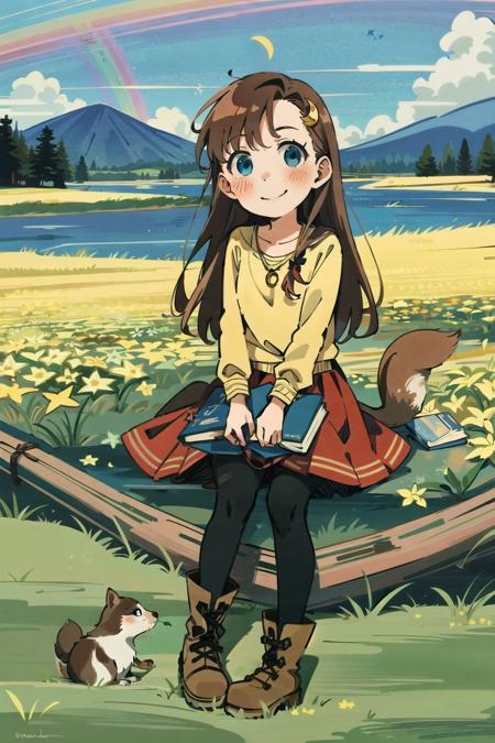 1girl, ((Madder Lake)), flower, blue eyes, long hair, star (symbol), pantyhose, solo, smile, squirrel, hair ornament, boots, brown hair, skirt, sitting, crescent moon, blush, book, rainbow, necklace, Otter