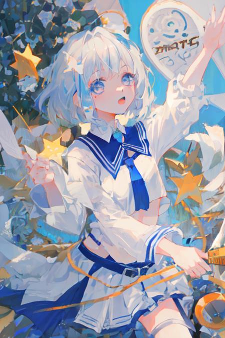 <lora:xingtong_2d:1>, xingtong, 1girl, blue eyes, white hair, okappa haircut