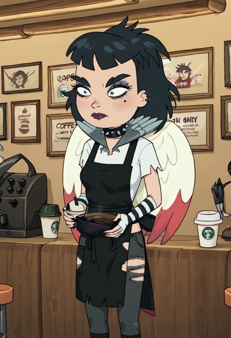 1girl, wings, b1rdd4ught3r, black hair, makeup, torn clothes, collar, piercing, spikes, 