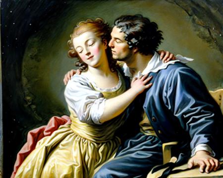 rococo, Fragonard, oil painting \(medium\), traditional_media, <lora:Fragonard_v1:0.7>, a man holding a cross in his hand, a woman in a dress with a red sash, 1girl, black_hair, blonde_hair, closed_eyes