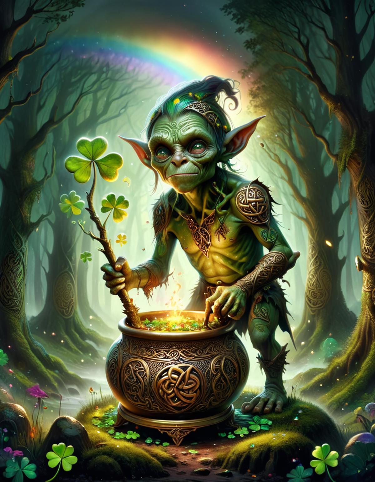 a 200 year old goblin on a dark themed forest, below a glooming rainbow with a gold pot at the end <lora:ral-cltc:1> ral-cltc