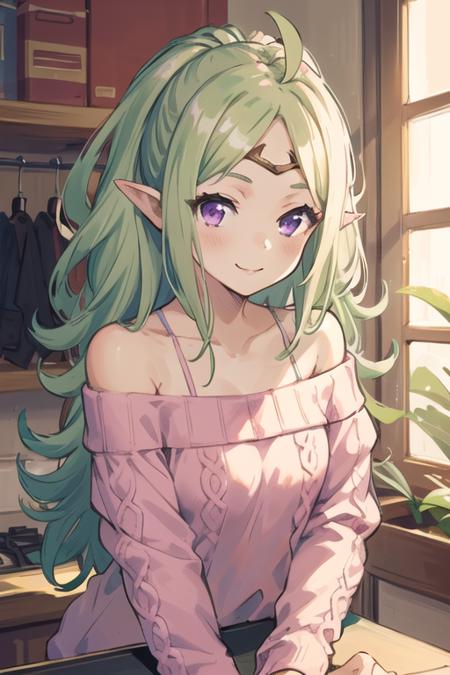 <lora:Nowi_fe_v1:.7>, nowi_fe, 1girl, solo, light green hair, purple eyes, circlet, light smile, pink sweater, off shoulder, indoors, counter