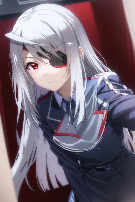 laurabodewig, <lora:laura bodewig s2-lora-nochekaiser:1>,
laura bodewig, long hair, (red eyes:1.3), grey hair, eyepatch,
BREAK school uniform, ribbon, blue ribbon, long sleeves, (red trim:1.2), uniform, military uniform, (white military uniform:1.5),
BREAK indoors, classroom,
BREAK looking at viewer, (cowboy shot:1.5),
BREAK <lyco:GoodHands-beta2:1>, (masterpiece:1.2), best quality, high resolution, unity 8k wallpaper, (illustration:0.8), (beautiful detailed eyes:1.6), extremely detailed face, perfect lighting, extremely detailed CG, (perfect hands, perfect anatomy),