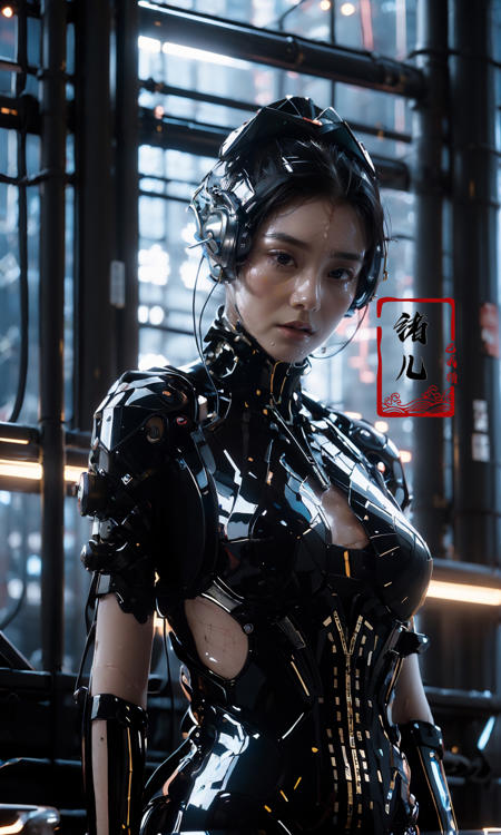 (dramatic, gritty, intense:1.4),masterpiece, best quality, 8k, insane details, intricate details, hyperdetailed, hyper quality, high detail, ultra detailed, Masterpiece, science fiction(cyberpunk:1.3)building,
1girl,  soloPatent leatherbodysuitglowingshiny(shiny skin:1.7)(long legs:1.3),  (Slim body:1.1) (upper body:1.2)
<lora:~Q?-[SZg
 Patent leather:0.95>