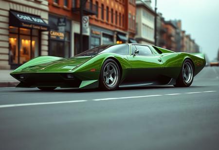 Concept super car, (1970's wedge car design, green paint), city street