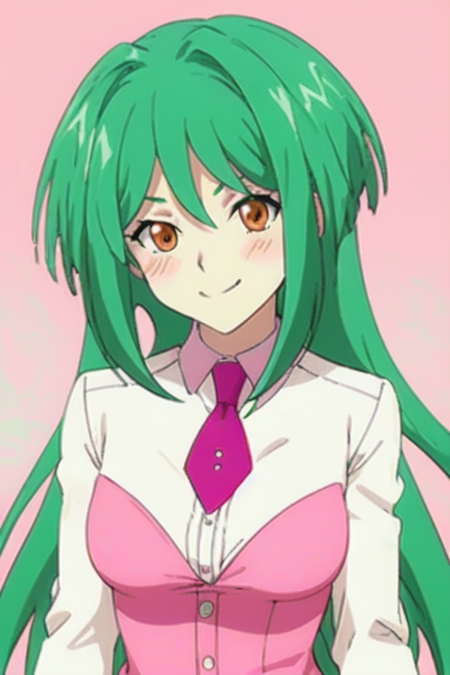 Tokoha, 1girl, green hair, orange eyes, long hair,  necktie, pantyhose, pink dress, white shirt,