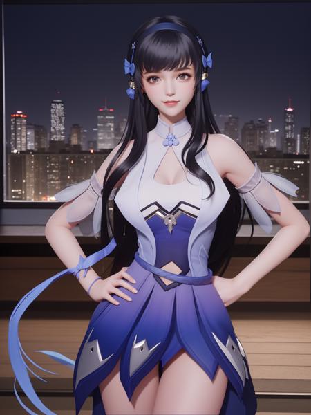 <lora:WZRYxishiYP:0.75>,WZRYxishiYP, 1girl, solo, long hair, black hair, looking at viewer,dress, hair ornament,bangs, bare shoulders,elbow pads,ribbon,hairband,cityscape, night,mature female, light smile, hand on hip, belt,window,