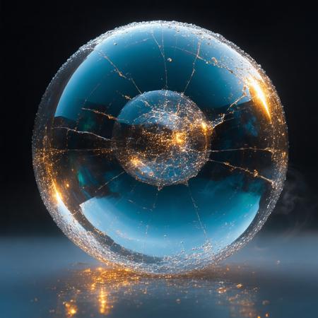 A macro photograph of a translucent soap bubble fracturing mid-collapse, suspended in a pitch-black void studio. Shot with Hasselblad H6D clarity, hyper-detailed focus on crystalline surface tension lines and iridescent microdroplets, backlit by a razor-thin beam of golden hour light refracting prismatic flares into the negative space. Styled as Wolfgang Tillmans meets Light and Space movement—chromatic abberations warp liquid gold and cobalt hues across glass-like membranes, while faint smoke spirals suggest invisible forces. Tactile contrasts: liquid chaos frozen in the bubble’s fragile geometry, its collapsing curves echoing a fading galaxy