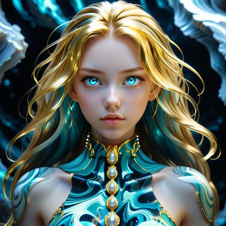Anime girl portrait, long hair sculpted from liquid marble: swirling sapphire and molten gold strands, crystalline fracture patterns glowing with internal light. Translucent marble skin with pearl sheen, teal galaxy eyes. Baroque cyberpunk attire with marble-veined collar. Dynamic hair motion blur, frozen droplet effect on tips. Cel-shaded anime style meets hyperrealistic textures, volumetric mist background. 8K masterpiece, sharp focus, by TheGeekyGhost