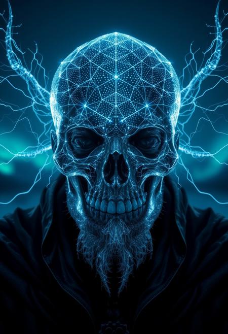 A symmetric portrait of a male, evil frozen Skelator, features dissolving into frozen magic thin, luminescent blue lines. Weighted Voronoi stippling and laser caustics create a network, transitioning from hyperrealistic detail to abstract, quantum-inspired forms. Ethereal hues blend, evoking existential transition and mystery. Close-up on face, evil skull partially visible. Set against a twilight arctic backdrop, icy winds ripple through his tattered robes. Rendered in a fusion of photorealism and digital surrealism, the scene is illuminated by ghostly Northern Lights. Emphasis on cold, menacing atmosphere, invoking Nordic myths