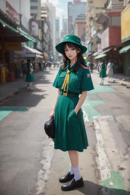 (from ground shot:1.3), stunning young girl, (sharp jawline:1.1), (full lips:1.1), (almond-shaped eyes:1.1), (high cheekbones:1.2),wearing green thai_girlscout_uniform, small green girl scout hat, standing tall in the center of a bustling metropolis, bright sunlight (sunny day:1.1), shot from a low angle, cinematic, vibrant (vivid:1.3) colors, urban landscape, (modern:1.1) fashion, photorealistic portrait, captured by Alexi Lubomirski, Fuji x-t3, rich and lifelike texture, trending on artstation, (city:1.1) street photography

<lora:epiNoiseoffset_v2:1>,<lora:THgirlscout_v6-000007:0.85>,