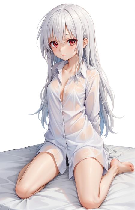 1girl, (wariza:1.2), white bed sheet, naked shirt, oversized clothes, male shirt,arms behind back, (dress shirt:1.3),loose clothes,
small breasts,(white hair:1.1), (long hair:1.2), messy hair, red eyes, collarbone, bare legs, spread legs,
white background,