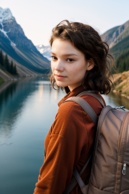 LizaKorol, ((selfie)) photo, serious look, outdoors, mountains, wearing a backpack, sweater, hiking jacket, rocks, river, wood, analog style, (look at viewer:1.2), (skin texture), close up, cinematic light, sidelighting, Fujiflim XT3, DSLR, 50mm