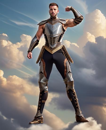 ((best quality)), pants letaher, detailed, ((attractive but tasteful)) warrior man, (((wearing Victorian-era armor))), ((fantastic pose)), ((flexed body)), ((a touch of sensuality)),((background: a sky full of clouds)), ((discreet lighting)).