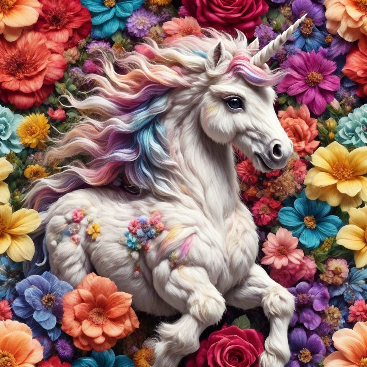 A Painted White Unicorn Sitting Among Colorful Flowers