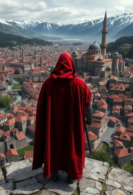 High quality high resolution digital photograph depicting a medieval cityscape from an elevated viewpoint. The layout features a sprawling city with intricate stone buildings, towers, and bridges, nestled in a lush, mountainous landscape. The subject is a lone figure with their back to the viewer, wearing a detailed, red hooded cloak and medieval armor, standing on a stone ledge overlooking the city. The city is characterized by its dense architecture, with red-tiled roofs, narrow streets, and a prominent castle with multiple towers. In the background, snow-capped mountains and a river winding through the valley add depth to the scene. The overall color palette includes earthy tones, greens, and grays, with the red cloak providing a striking contrast.