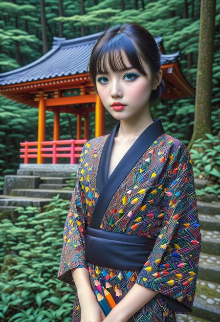 masterpiece, best quality, ultra detailed, HDR, photorealism, sfw, A girl, black mini yukata, pretty face, (the patterns appear like layers of colored pencils:1.35), the girl looking at camera, landscape, nature, forest, japanese mountainside, night, HDR, pale skin, (black bold eyeliner, makeup:1.1334), very detailed radiant eyes, detailed lips, detailed face, cute, pretty, bangs, posing elegantly, in shinto temple, the backdrop should be of a forest, it should be at night, fullbody shot, spider_lilies, <Pencil_morph_style-000008:1.55>