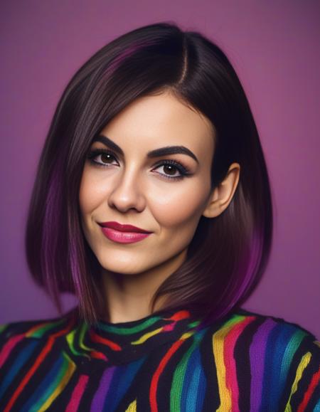 VictoriaJustice, portrait,close up of a Monstrous tall Female, behance, Nonchalant Short bob hairstyle, Folk Art, short lighting, dark rainbow hue, <lora:VictoriaJusticeSDXL:1>