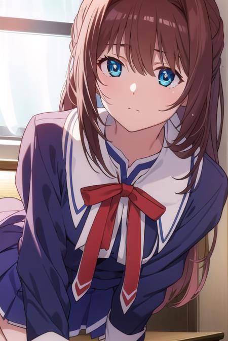 otomeasakura, <lora:otomeasakura-lora-nochekaiser:1>,
otome asakura, long hair, brown hair, bow, ahoge, hair bow, pink bow, blue eyes,
BREAK skirt, long sleeves, ribbon, school uniform, socks, kneehighs,
BREAK looking at viewer,
BREAK indoors, classroom,
BREAK <lyco:GoodHands-beta2:1>, (masterpiece:1.2), best quality, high resolution, unity 8k wallpaper, (illustration:0.8), (beautiful detailed eyes:1.6), extremely detailed face, perfect lighting, extremely detailed CG, (perfect hands, perfect anatomy),