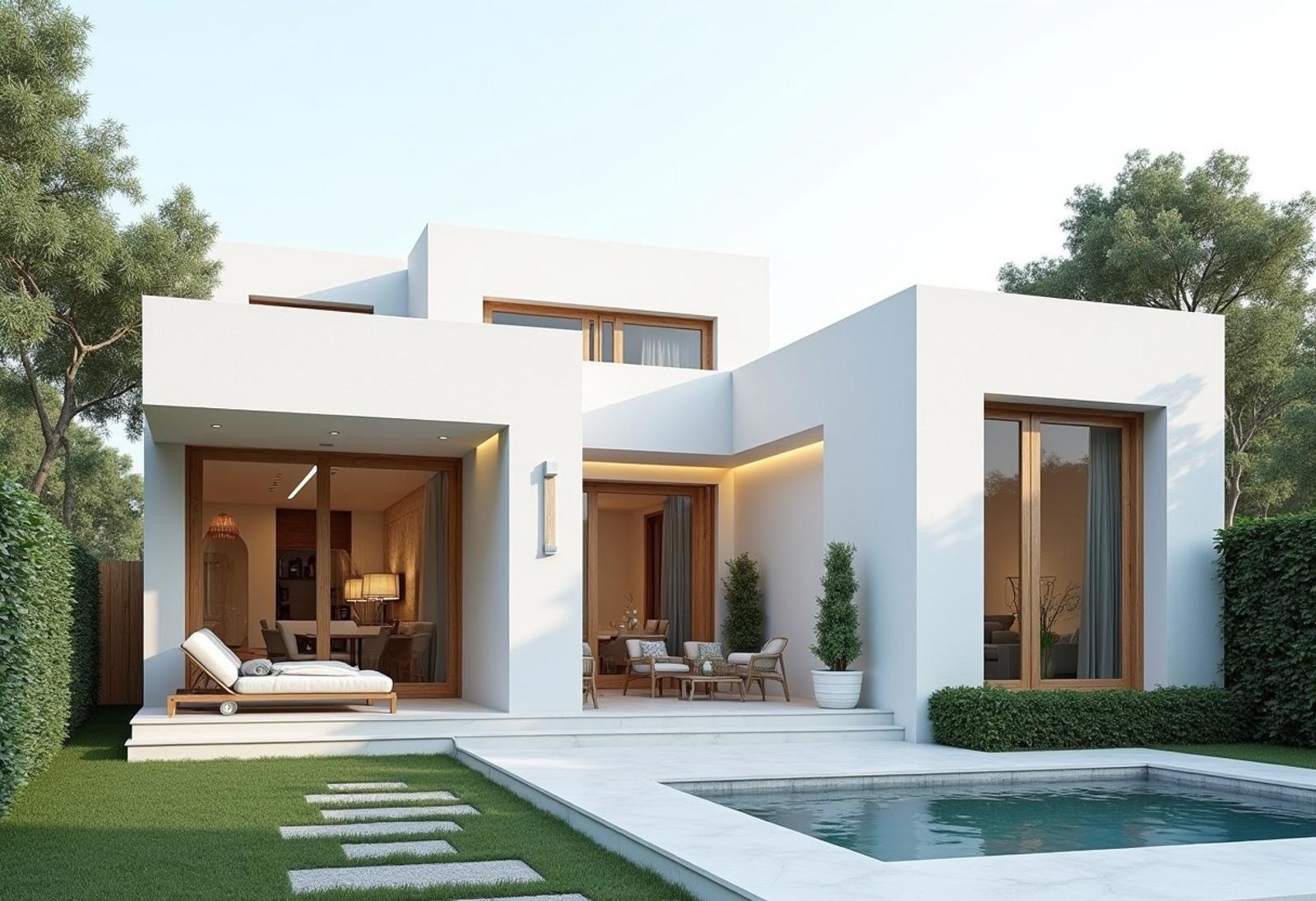 Modern house, white tone, some wood line, glasses door, have “N” architech in the front house, back front of the house, small pool