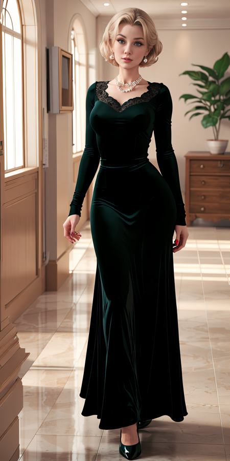 ((GraceKelly)), mj3d style,3dmm,3d,((full body shot:1.3)), bokeh:1.2, indoors, a beautiful woman, (standing), ((elegant vintage black evening dress)), ((no cleavage)),feet, (high-heels), looking at viewer,((necklace)), (22 years old woman), medium breast, small waist, (green eyes, beautiful eyes), beautiful face, perfect illumination, beautiful detailed eyes, looking at viewer, stunningly beautiful woman, detailed hairstyle,  good hands,  detailed hands, good feet, (8k, RAW photo, best quality, masterpiece:1.2), (realistic, photo-realistic:1.37), ultra high res, photon mapping, radiosity, physically-based rendering, (ambient light:1.3), (cinematic composition:1.0),professional soft lighting, light on face,