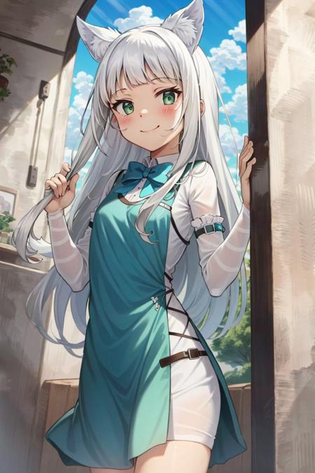 <lora:Ochette-05:1>, Ochette, 1girl, solo, aqua dress, blue bowtie, green eyes, standing, smile, closed mouth, masterpiece, best quality,