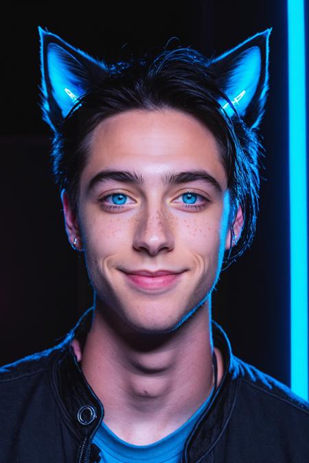 Maverick Ellis Rowe,  1boy,  male focus,  solo,  looking at viewer,  smile,  blue eyes,  black hair,  animal ears,  one eye closed,  cat ears,  lips,  night,  freckles,  realistic,  neon lights, <lora:EMS-48054-EMS:0.400000>