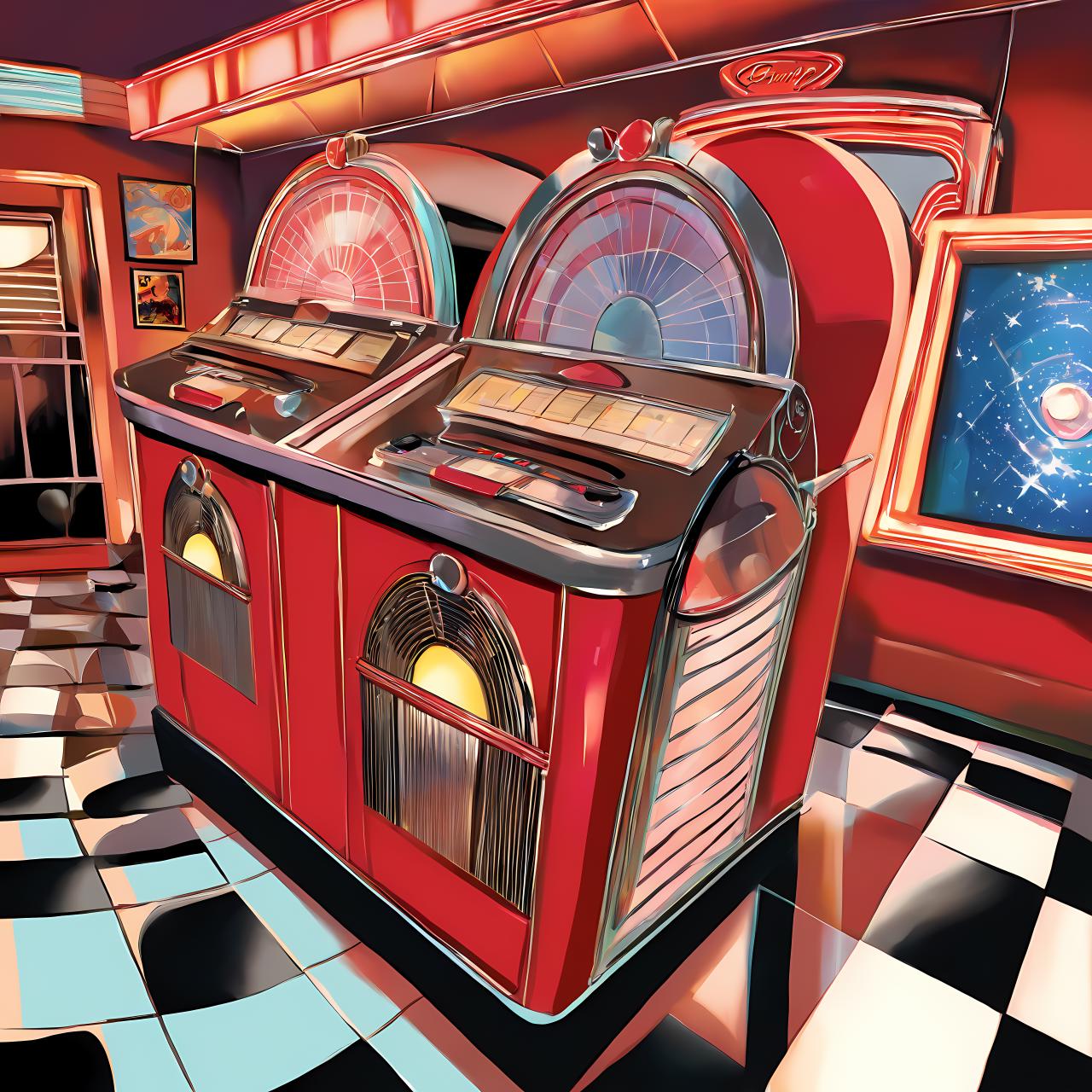 vinyl album, vinyl, record jacket, vinyl cover, vinyl cover from 1990s,  album cover art, top-rated, top - rated, 90s, album art, 

mostly red ,

 strong perspective ,

 abstract ,

 bridge ,


retro diner, neon lights, jukebox, checkered floor, red booths, 