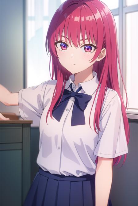 sakisaki, <lora:saki saki s2-lora-nochekaiser:1>,
saki saki, long hair, bangs, (red eyes:1.3), red hair,
BREAK skirt, shirt, bow, school uniform, white shirt, short sleeves, pleated skirt, bowtie, blue skirt, 
BREAK indoors, classroom,
BREAK looking at viewer, (cowboy shot:1.5),
BREAK <lyco:GoodHands-beta2:1>, (masterpiece:1.2), best quality, high resolution, unity 8k wallpaper, (illustration:0.8), (beautiful detailed eyes:1.6), extremely detailed face, perfect lighting, extremely detailed CG, (perfect hands, perfect anatomy),