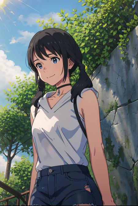 <lora:Amano_Hina:0.7>,amano_hina, 1 girl, solo,(smile),(standing),(upper body),(arms behind back:1.15),twin tails, long black hair, blue eyes,black choker,white sleeveless jacket,denim shorts, bare shoulders,white boots,outdoors,(light rays:1.2),(sun:1.2),(blue sky:1.1), park,flowers,lawn,trees, (from below:1.1),