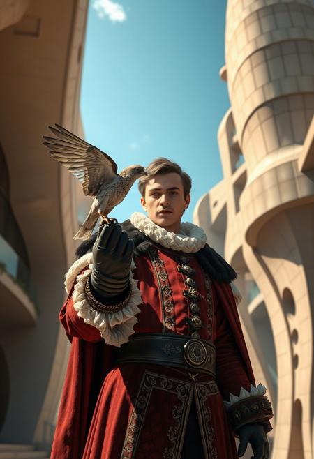 A young Man in baroque clothing holds a small falcon on his gloved hand, sculptural architecture meets graphic novel storytelling, bold structural design with sequential narrative logic, biomorphic forms infused with retro-futuristic aesthetics, engineered spaces with paneled surfaces and visual rhythm, clean linework and functional design, architectural storytelling through modular repetition, kinetic elements inspired by comic book layouts, dynamic spatial composition, strong silhouettes, conceptual public structures with graphic clarity, high-tech elegance, cinematic perspective, interactive architecture as visual storytelling, urban futurism with comic book precision