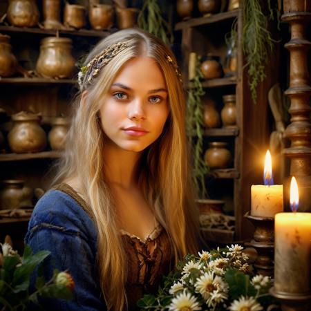 highly detailed documentary photo of herbalist,

herbalist, 1girl, solo, long hair, looking at viewer, blue eyes, blonde hair, flower, lips, realistic, candle, medieval shop,

masterpiece, best quality:1.1, 

ultra photoreal,
photorealistic:1.0, 
sharp focus:1.1, 
depth of field:1.1, 
god rays:1.4,

50mm, style of Nathan Wirth, Hasselblad X1D II, Porta 160,
