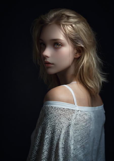 Artistic shot of Young cute girl, with soft face-features, blond hair, head turned to side, white top with cross weave shoulder, (slender extremely-long-legs:1.3), dark background, eerie atmosphere