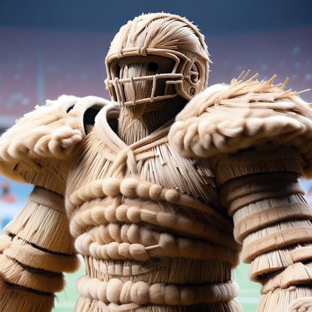 straw threads, an NFL football player with an straw thread football helmet and straw thread shoulder pads, set in a football stadium
