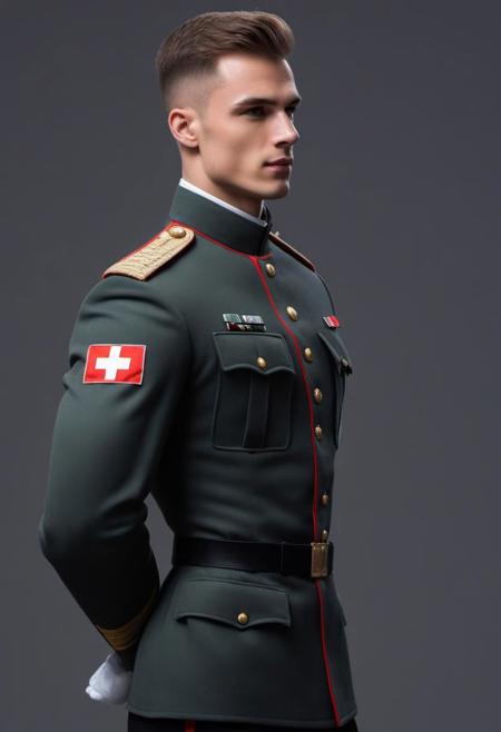 Ultra-detail, (highres:1.1), best quality, (masterpiece:1.3),  handsome 23yo swiss male model posing as military officer, skinny muscled, perfect biceps, great pecs, thin waist, perfect jawline, modern haircut, dynamic posture posing, full body from side looking forward, kneeling, wearing military outfit