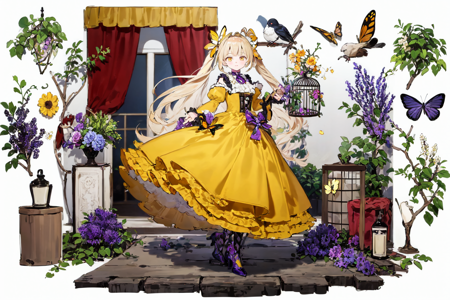 best quality, masterpiece, extremely detailed, detailed background, best quality, masterpiece, extremely detailed, detailed background, 1girl, dress, flower, blonde hair, yellow dress, long hair, hair rings, solo, white background, twintails, cage, ribbon, yellow flower, puffy sleeves, purple ribbon, rose, birdcage, purple footwear, bug, bird, white flower, very long hair, long sleeves, yellow eyes, butterfly, purple bow, purple flower, curtains, bow, simple background, dress bow, standing, holding, black footwear, hair ribbon, close up, high heels, frills, bangs, shoes, plant, frilled dress, orange flower, looking at viewer, juliet sleeves