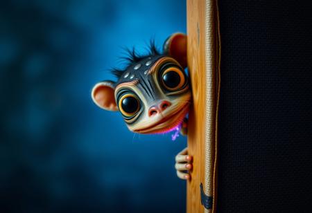 A whimsical creature with large, curious eyes peeks into the right side of a vertical canvas, its gaze piercing through the frame and directly into the viewer. The frame appears to warp slightly, as if bending to accommodate the creature's playful presence. A vibrant glow emanates from within, casting an otherworldly light on the scene.