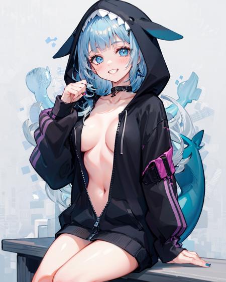 naked hoodie, 1girl, virtual youtuber, solo, tail, gawr gura, navel, blue eyes, multicolored hair, fish tail, hood, looking at viewer, smile, blush, bangs, blue hair, sitting, breasts, streaked hair, shark tail, hair ornament, grey hair, large breasts,  animal hood, long sleeves, blunt bangs, blue hoodie, bandaid, choker, hood up, grin, grey background,  collarbone, sharp teeth, bubble, shark girl, stomach, long hair, blue nails, shark hood, <lora:NakedHoodieV1:1>,