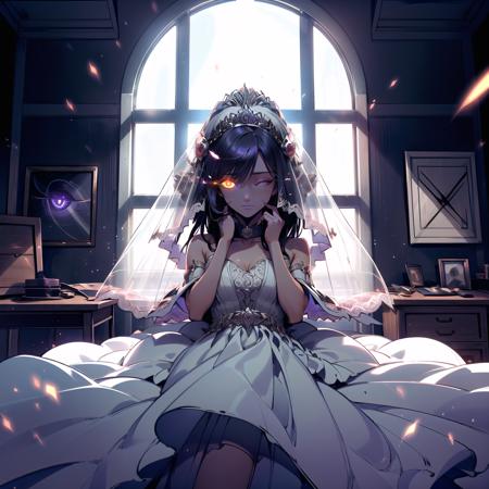 (1girl, long hair, collar, red eye purple eye heterochromia, glowing, glowing eyes, closed eyes) (digital) ( lying in detailed workshop, (Wedding Dress)) , best quality, <lora:boldline:0.2>  <lora:hairdetailer:0.2>  insanevoid <lora:insanevoid:0.9>