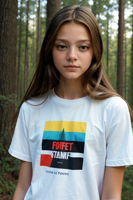 MabelChee, portrait photo, (detailed eyes:1.1), (long wavy hair) BREAK, wearing a (1980s white t-shirt with orange stripes:1.1), posing for a picture BREAK with a stranger things background, moody light, (masterpiece), ((forest)), (detailed face:1.2)