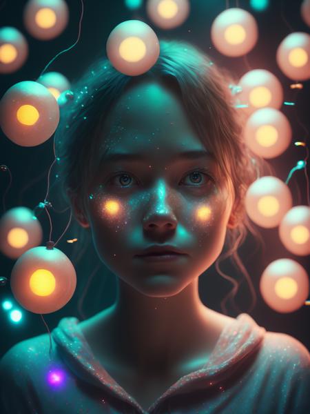 <lora:BrandonWoelfel:1>a girl surrounded by floating lights, In the style of a pixar movie, Unreal engine, cinematic lighting