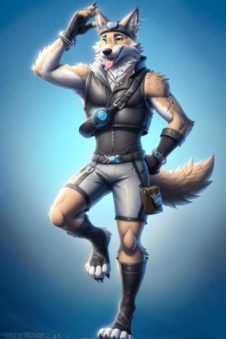 <lora:wendell-07:1>, wendell, yellow sclera, tail, wolf tail,(pose:1.3), (posing:1.3), (soft shading), 4k, hi res, five fingers, detailed hands, ((detailed face, (detailed eyes:1.3), detailed)), (full body), fortnite, fortnite style, by zackarry911, by zaush, (by personalami:0.5) solo, looking at viewer, smile, open mouth, shirt, gloves, 1boy, jewelry, standing, full body, male focus, heart, shorts, teeth, sleeveless, tongue, black gloves, hand up, tongue out, fingerless gloves, necklace, bracelet, black shirt, sleeveless shirt, v, fangs, blue background, scar, leg up, happy, sharp teeth, goggles, claws, colored sclera, toeless legwear, grey pants, grey shorts, animal feet, pawpads