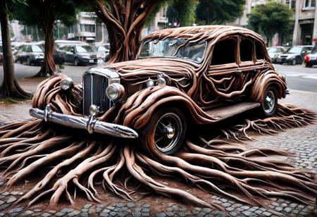 morph-treeroots , vintage car,polished chrome details,classic style design,in city,photography<lora:tree roots_0_100_V1-000008:1>